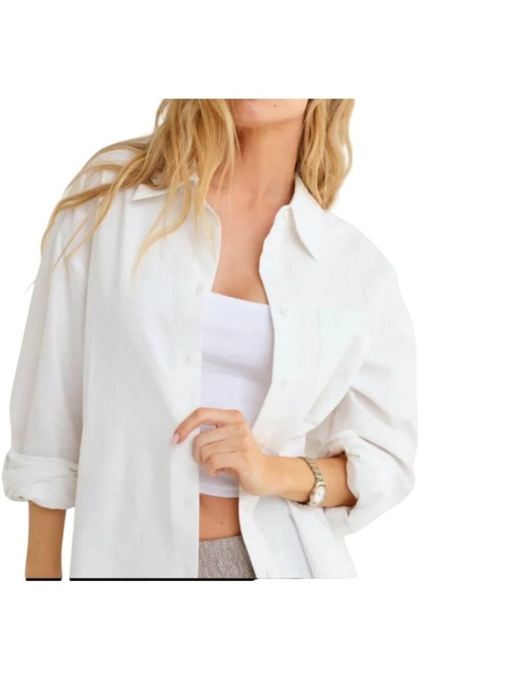 Rumored Button Down Shirt Women L White Cotton Oversized Long Sleeve Minimalist - Picture 4 of 8